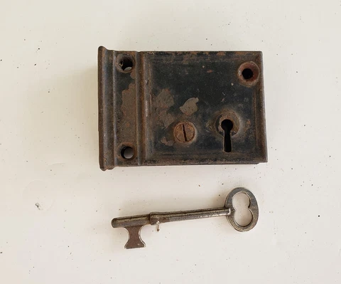Small Antique Cast Iron Rim Surface Door Lock Dead Bolt & Key For Restoration Cover