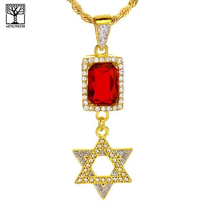 Iced Double Red Ruby & Six Point Star Pendant 20" Rope Chain Necklace NA 0176 G - Image 1 of 3