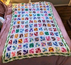 VINTAGE Handmade Crochet Quilt Afghan Floral Granny Square NICE 52" x 74" - Picture 1 of 7