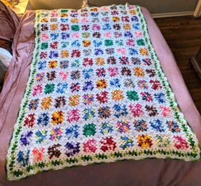 VINTAGE Handmade Crochet Quilt Afghan Floral Granny Square NICE 52" x 74" - Image 1 of 4