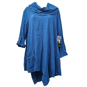 NWT Ali Miles Top L Blue Textured Roll Tab Sleeve Cowl Neck Lagenlook Minimalist - Picture 1 of 14