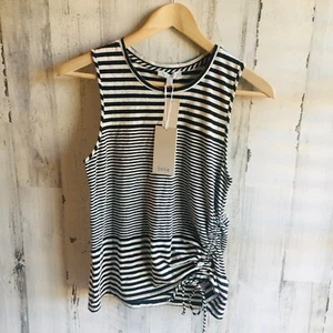 NWT Joie Colulmba Top Ruched Sleeveless Tank Cotton Linen Black Cream Stripes S - Picture 1 of 13