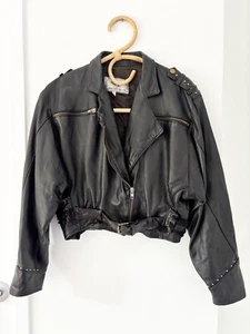 PELLESSIMO Jacket Size 2 (Aus 10) Black Leather Studded Crop Jacket Made France - Picture 1 of 7