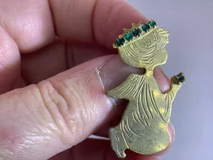 Christmas Angel Green Rhinestone Vintage Brass Brooch Pin V-7282 - Picture 1 of 3