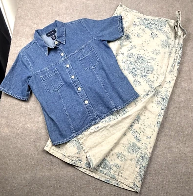 Conjunto de 2 Saia Denim & Co Medum Maxi Envoltório Denim Linho Floral Grannycore Cottage - Imagem 1 de 4