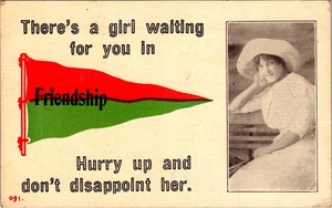 Vintage Postcard 1913 There's a Girl Waiting For You Pennant Friendship New York - Picture 1 of 2