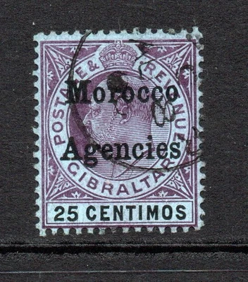 Marruecos Agencias KEVII 1905-06 (Wmk MCA) 25c. Púrpura y negro/azul SG27 usado Foto 1 de 2