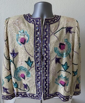 NWT Vtg Silk Pearl Beaded Sequin Evening Party Jacket Size M Deadstock Floral - Image 1 of 4