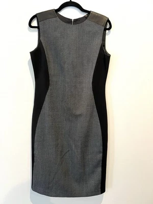 Vestido Vaina Elie Tahari Negro Y Gris Sin Mangas Borde Cuero, Talla 10 Foto 1 de 4