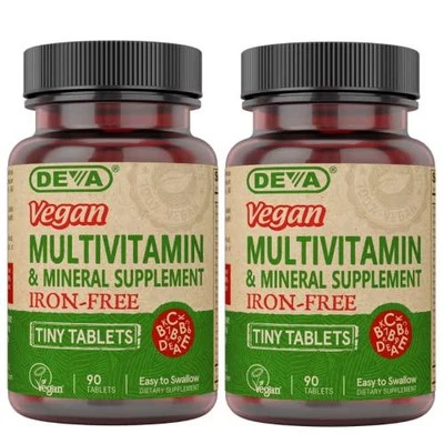 DEVA Vegano Suplemento Multivitamínico y Mineral Sin Hierro Paquete de 2, Vitamina C, D2, Foto 1 de 4