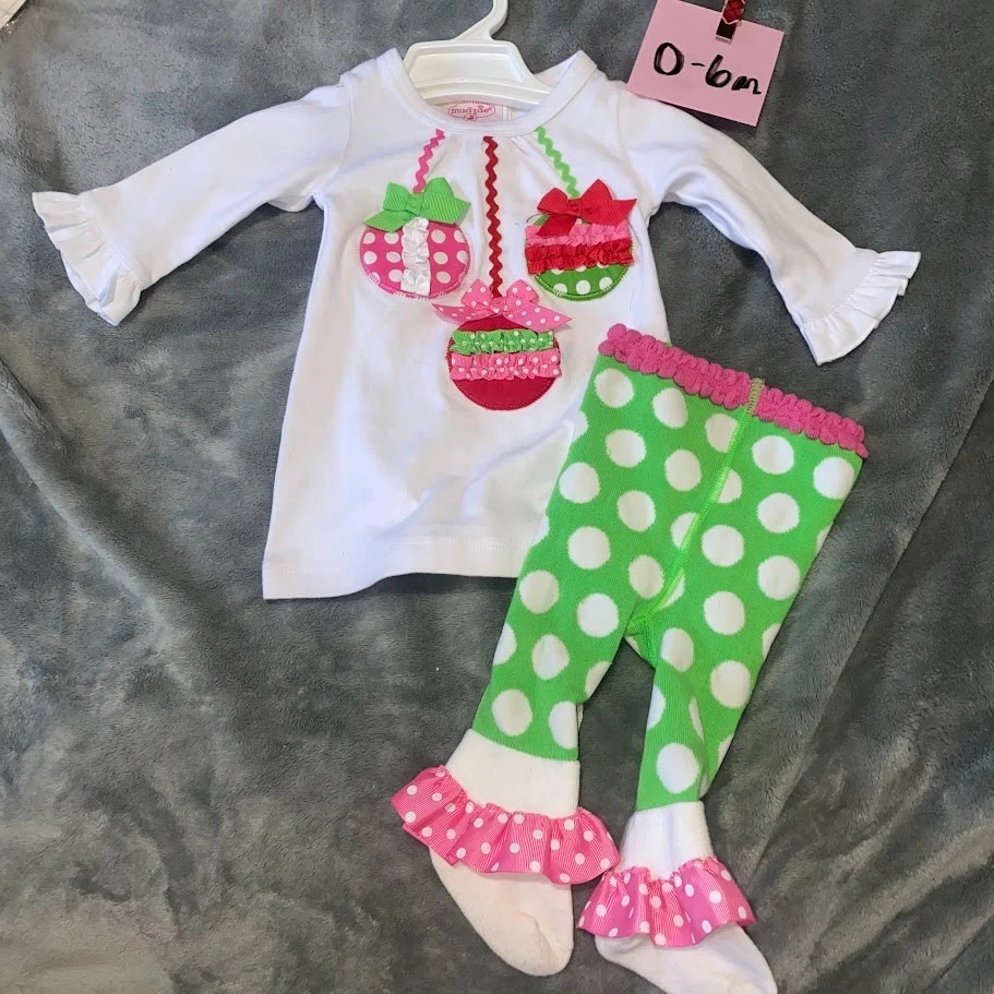 Juego de 2 piezas Mud Pie niñas talla 0-6 m vacaciones de Navidad, rosa, verde y blanco Foto 1 de 1