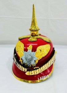 Red German Pickelhaube Helmet Leather Pickelhaube Imperial Prussian Helmet Brass - Picture 1 of 8