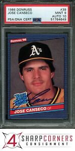 1986 DONRUSS #39 JOSE CANSECO RC RATED ROOKIE PSA 9 DNA AUTO 10