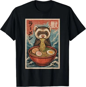 Ferret Eating Ramen Kawaii Anime Pet Lover T-Shirt - Picture 1 of 4