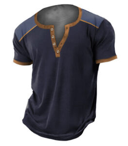 Mens Henley Shirt Street Short Sleeve Button Tops Blouse Casual Slim Fit Shirts
