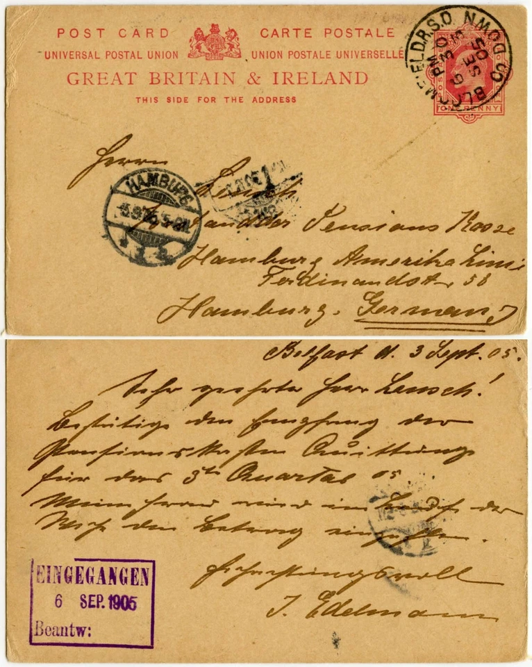 IRELAND 1905 BLOOMFIELD RSO on KE7th STATIONERY OVERSEAS CARD Railway Cancel - Image 1 of 1