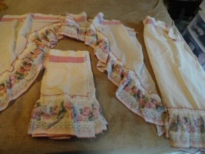 VTG Ecru Ruffled Curtains Dusty Rose Trim & Flowers Swag Valance Tiers - Picture 1 of 15