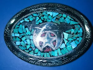 Hebilla de cinturón Shriner vintage de plata con astillas de coral turquesa de segunda mano - Imagen 1 de 3