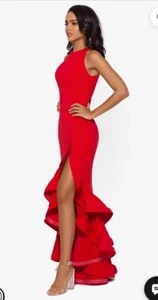 NWT BETSY & ADAM Size 4 High Slit Ruffle Halter Crepe Gown in Red - Picture 1 of 12