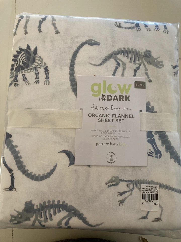 *Juego de sábanas Pottery Barn Kids Dino Bones Dinosaurio FRANELA BRILLANTE REINA NUEVO Foto 1 de 1