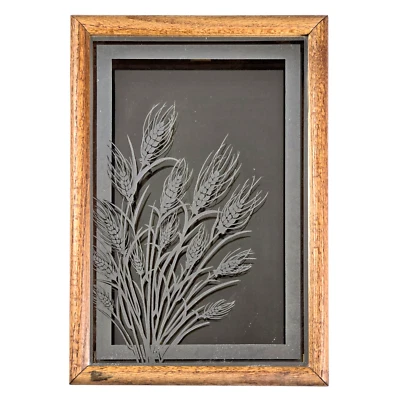 Vtg 70's 3D Silk Screen Glass Oak Wood Frame Mirror Wall Decor Wheat 10" x 14.5" - Image 1 of 4