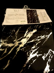 new 13 pc Fabric SHOWER CURTAIN~BLACK silver shiny marble design swirls HOOKS - Picture 1 of 5