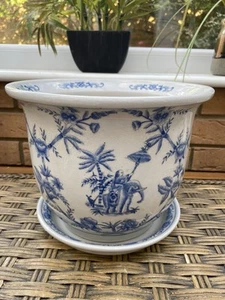 Antique Vintage Oriental Blue & White Decorated Planter Plant Pot & TraySigned - Picture 1 of 9