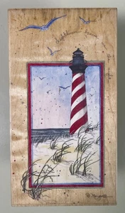 Stempel Happen LEUCHTTURM LEUCHTFEUER Holz montiert Gummistempel Ozeandünen Möwen - Bild 1 von 3