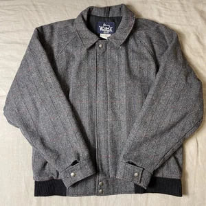 Vintage 80s 90s  Wool Coat Herringbone Bomber Jacket Made In USA Large - Picture 1 of 5