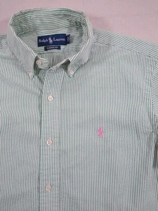 Vintage Ralph Lauren Classic Fit Shirt Mens M Green Stripe Seersucker Pink Pony  - Picture 1 of 13