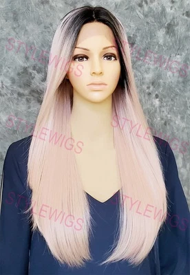 Pink Rosegold Rooted Long Straight Heat OK Lace Front Human Hair Blend Wig EVEH - Image 1 of 4