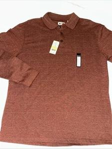 NWT Haggar Men’s Sierra Rust Red Window pane print long sleeve polo shirt top M - Picture 1 of 4