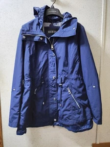 Guess Windbreaker Rain Jacket Women's M Full Zip Lined Logo Blue Y2K 90s Clean - Picture 1 of 13
