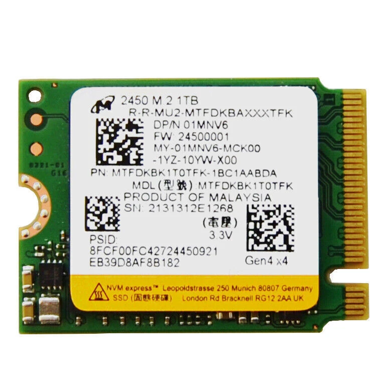 Micron 2450 M.2 2230 SSD1TB NVMe PCIe 4.0 For Microsoft Surface Pro X Pro 8 NEW。 - Image 1 of 1