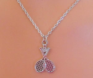 Crossed TENNIS Rackets for SINGLES DOUBLES Delicate SILVER Tone CHAIN NECKLACE - Picture 1 of 5