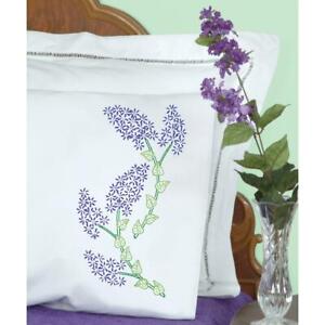 J DEMPSEY NEEDLE ART Pillow Case 2 pc Stamped for Embroidery LILACS Flowers