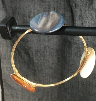 Dyed shell Cabochon Gold Toned Wire Wrapped Bangle White, Brown & Black tones - Image 1 of 4
