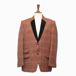 Mens Blazer Orange Brown Plaid Wool Velvet Formal Tuxedo Jacket Sport Coat 46R - Picture 1 of 7
