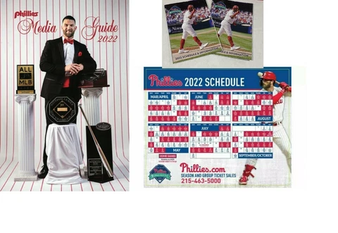 PHILLIES 2022 MEDIA GUIDE & MAGNET 2- POCKET SCHEDULE Bryce Harper 2021 MVP SGA Cover
