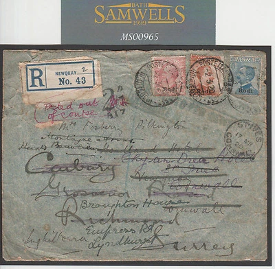 ITALY POs ABROAD Greece *Rodi* Cover Registered 1920 POOC Newquay Cornwall MS965 - Image 1 of 2