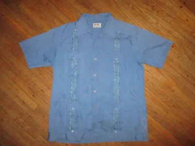 vtg VIC VIC GUAYABERA SHIRT Embroidered Mexican Wedding Cuban Blue Flaws LARGE - Image 1 of 4