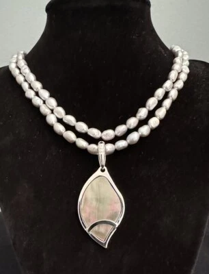 COLLAR DE PERLAS DE AGUA DULCE GRIS HONORA 36" Colgante Hoja Plata .925 Foto 1 de 4