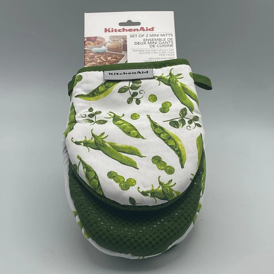 KitchenAid Mini Oven Mitts 2-Pack Green Pea Design Cotton Grip Heat Resistant
