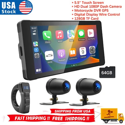 5.5" Touch Screen Motorcycle Dash Cam Apple CarPlay & Android Auto 64GB TF Card - Image 1 of 4