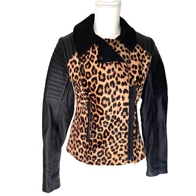 A.L.C. Chaqueta Moto Mujer Talla 6 Marrón Negro Leopardo Pelo de becerro Cuero Lana Snap Foto 1 de 4