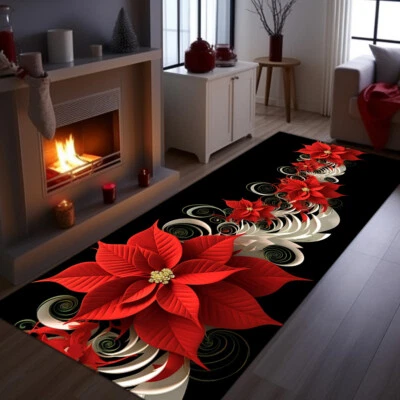 Red Poinsettia Rug, Christmas Rug,Poinsettia Christmas Rug,Christmas Runner Rug, - Image 1 of 4