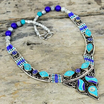 Turchese & Lapislazzuli 925 Argento Sterling Tibetano Collana Massiccio Gioielli - Immagine 1 di 4