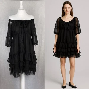 Marc Jacobs 100% Silk Black Off Shoulder Ruffle Mini Dress Size 4 Vintage Boho - Picture 1 of 15
