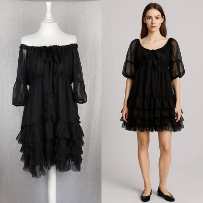 Mini Vestido Marc Jacobs 100% Seda Negro Hombro Descubierto Volantes Talla 4 Vintage Boho Foto 1 de 4