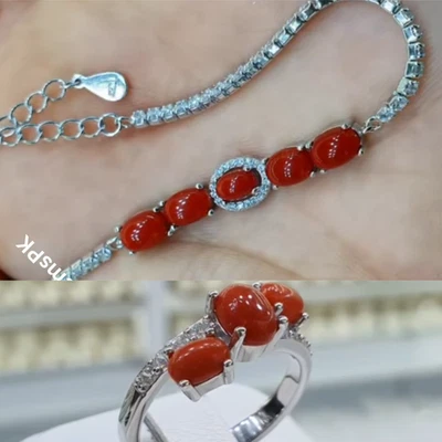 Женское помолвочное кольцо и браслет из серебра 925 пробы с натуральным красным кораллом (Marjaan) - Изображение 1 из 4